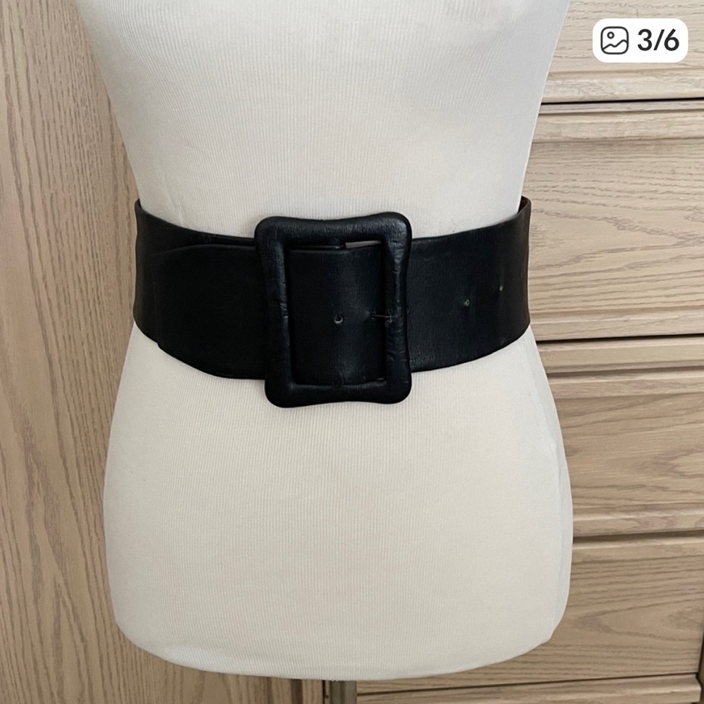 Vintage Black Wide Leather Waist Belt with Square Buckle | Size S